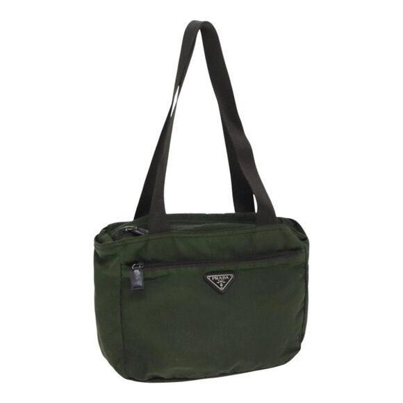 PRADA Tote Bag Nylon Khaki Brown Silver Auth 92859 - Picture 1 of 15